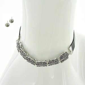 SILVER TONE BLACK LEATHERETTE CHOKER SET